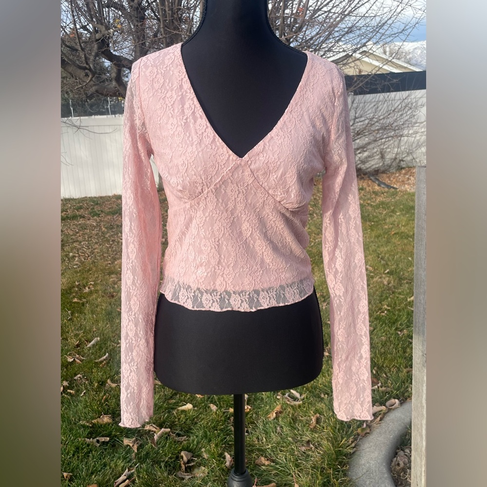 sheer floral lace style coquette pink crop top shirt